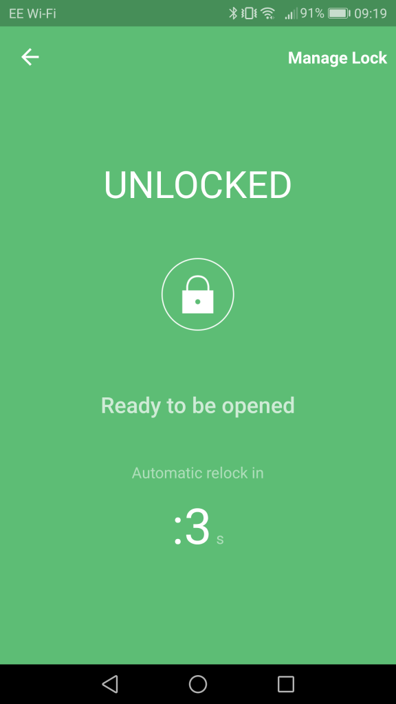 Smartphone screen showing Master Lock padlock unlocked with countdown.
