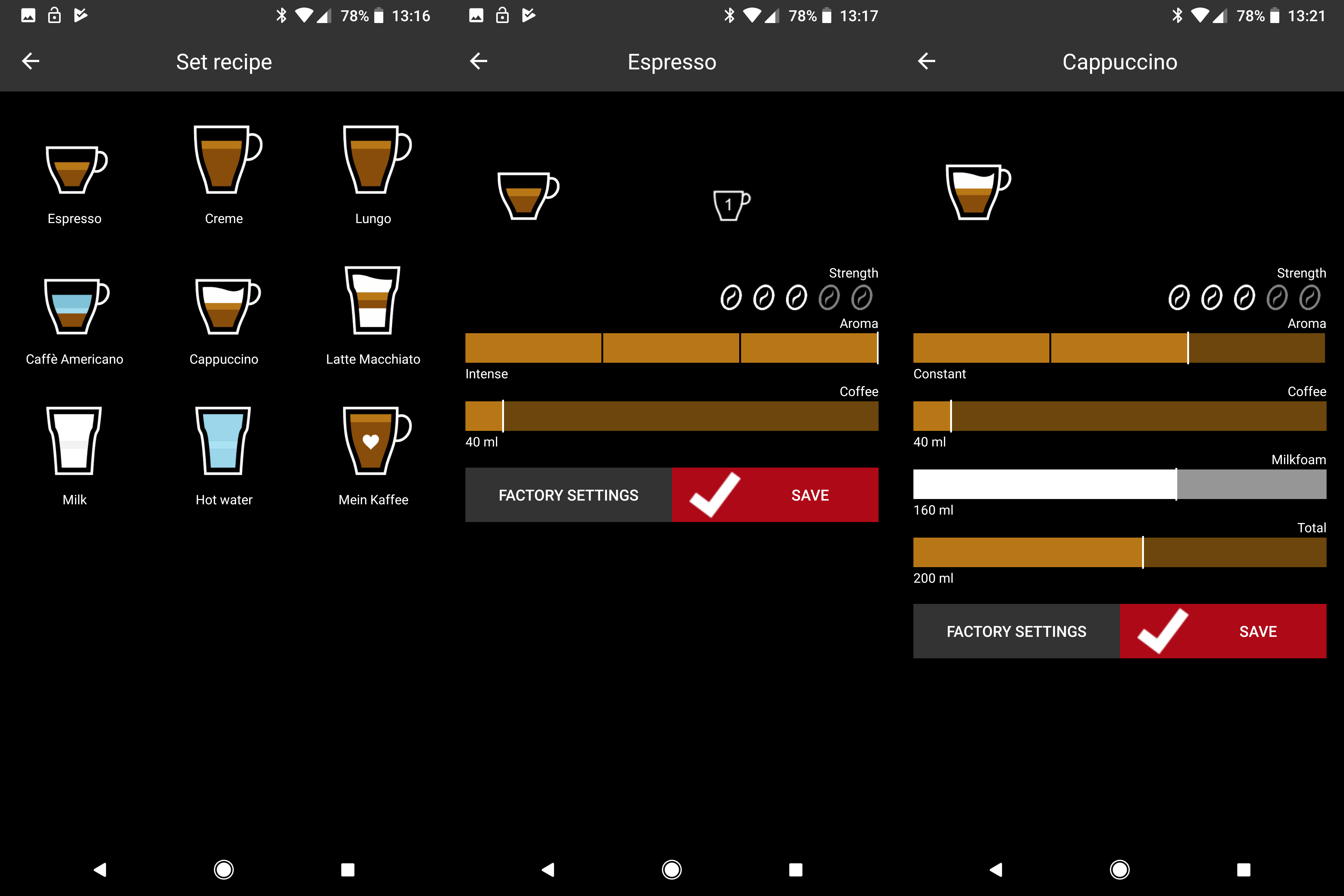 Nivona CafeRomatica touchscreen displaying espresso and cappuccino settings.