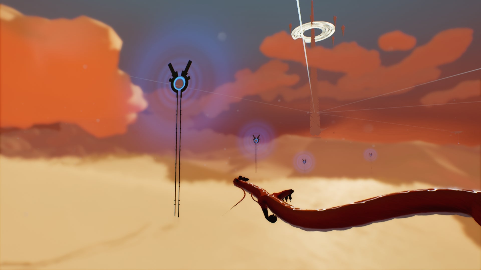 Dragon flying towards floating structures in stylized game world.