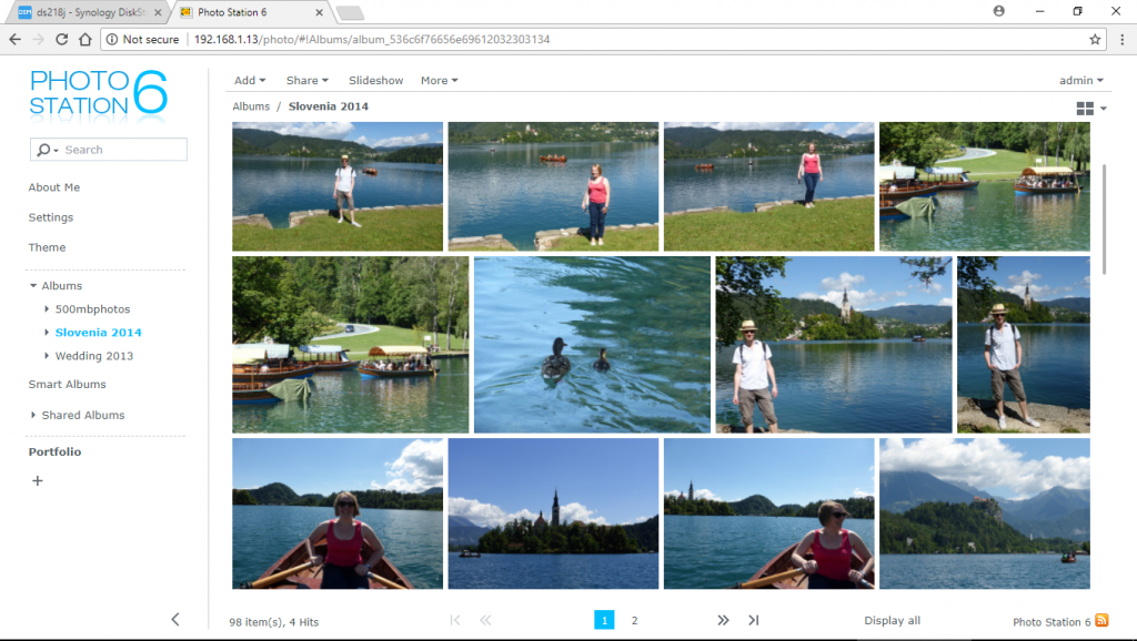 Synology Photo Station interface with album thumbnails.