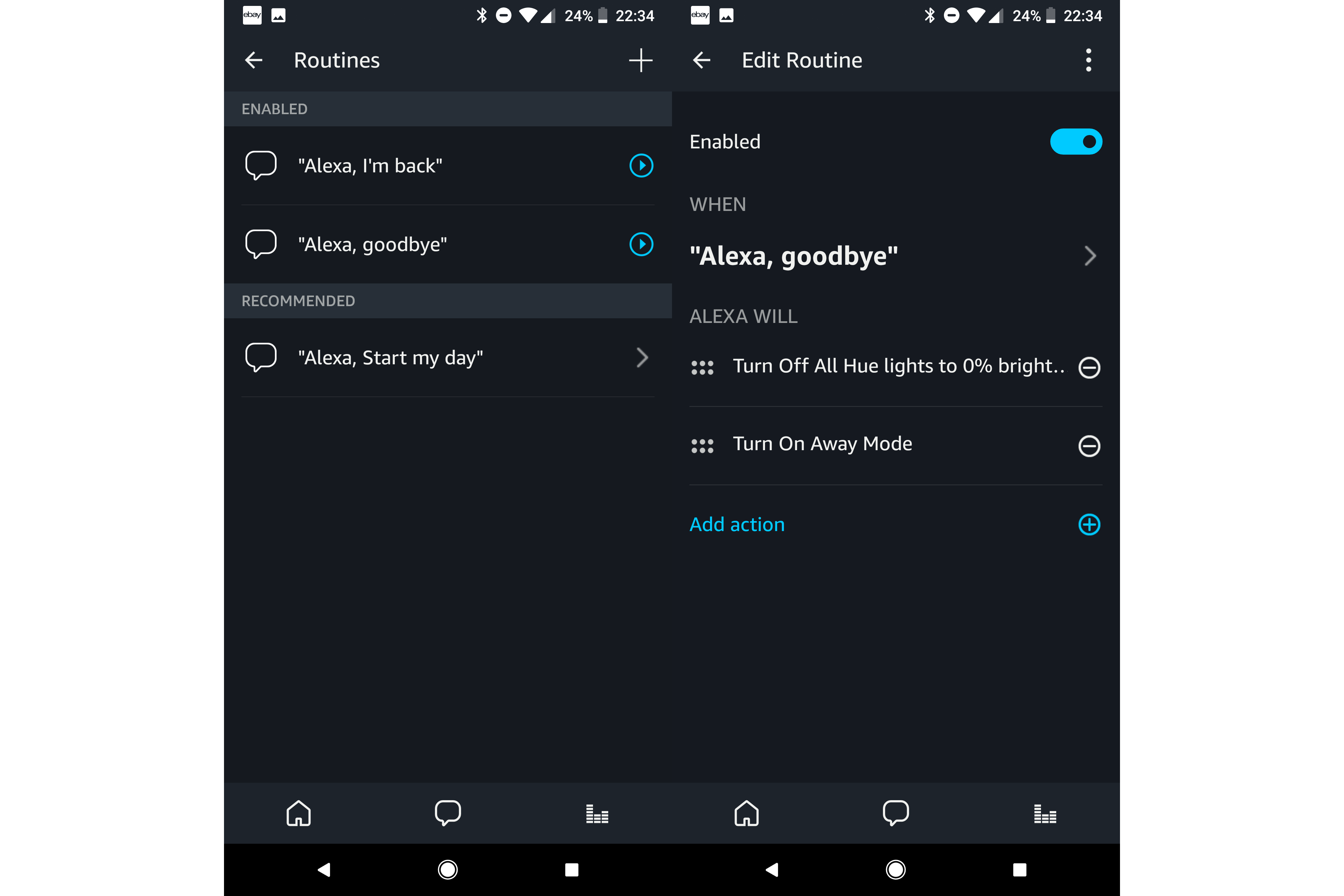 Amazon Echo app interface showing Alexa routines setup.