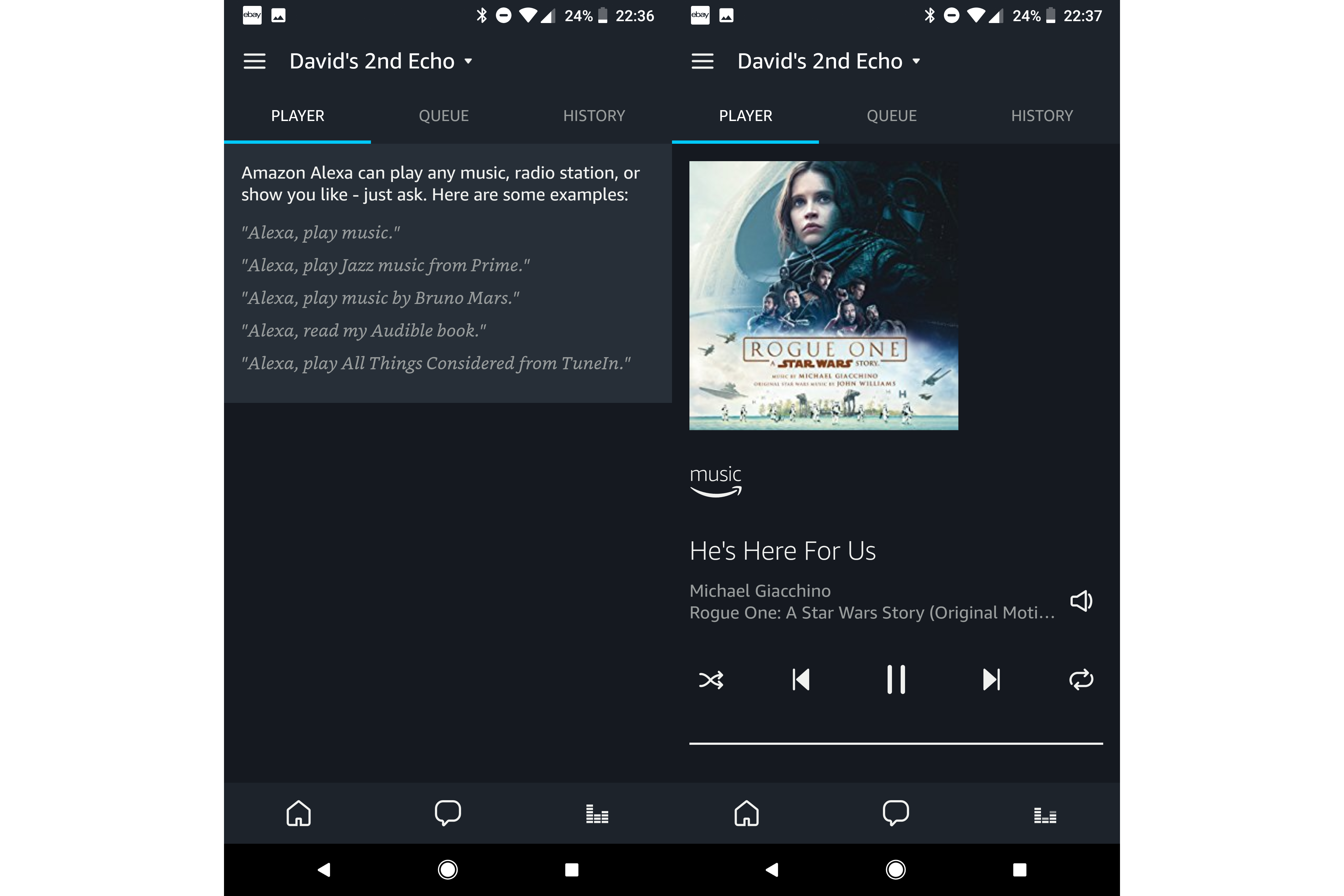 Screenshot of Amazon Echo music playback screen with Rogue One soundtrack.