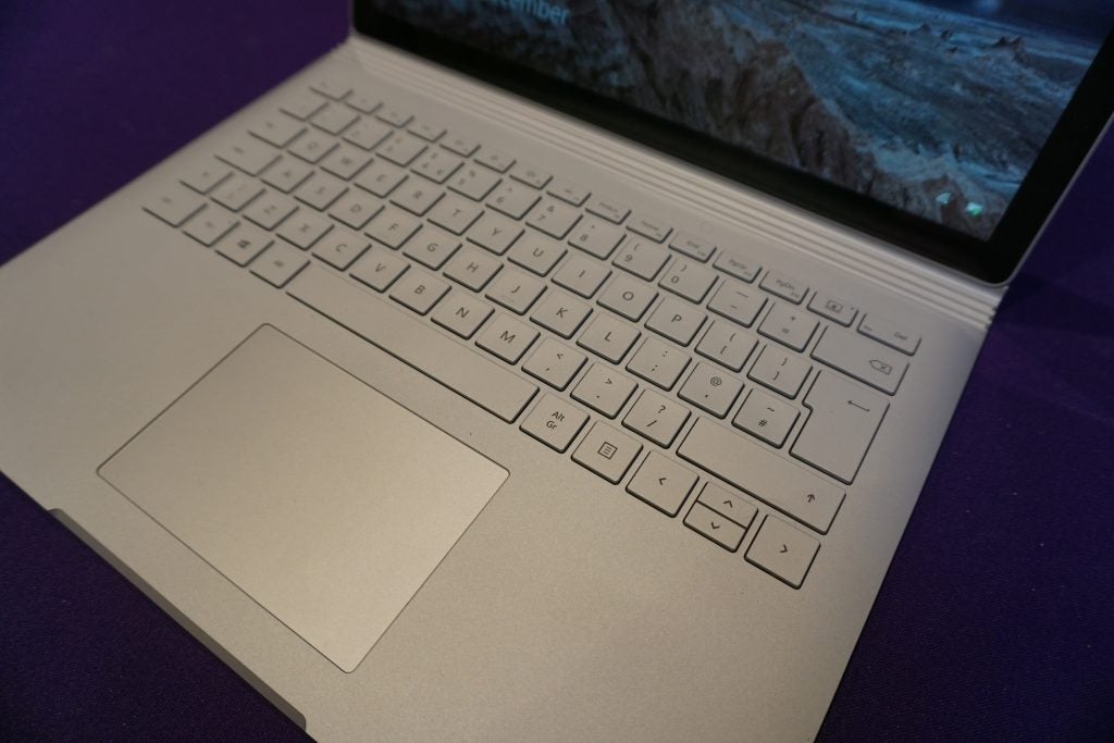 Surface Book 2 keyboard and screen on table.