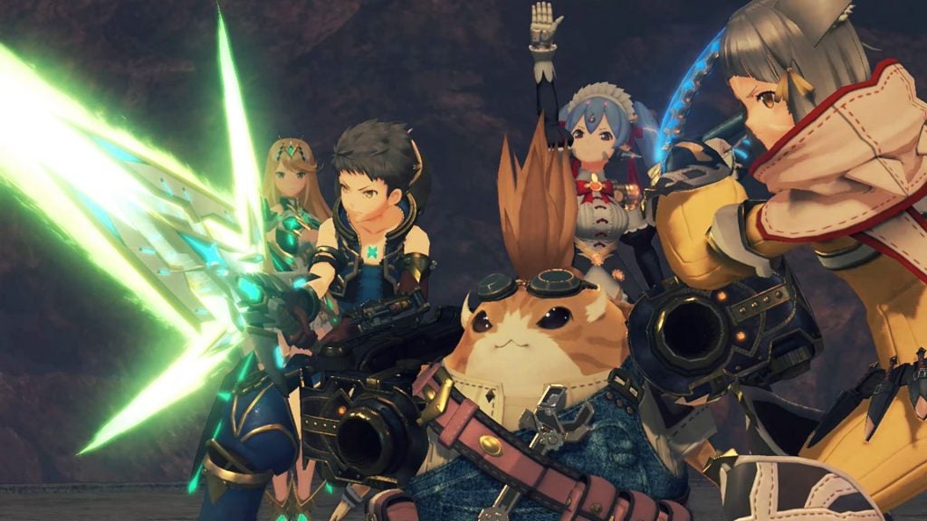 Xenoblade Chronicles 2 characters with glowing weapons.