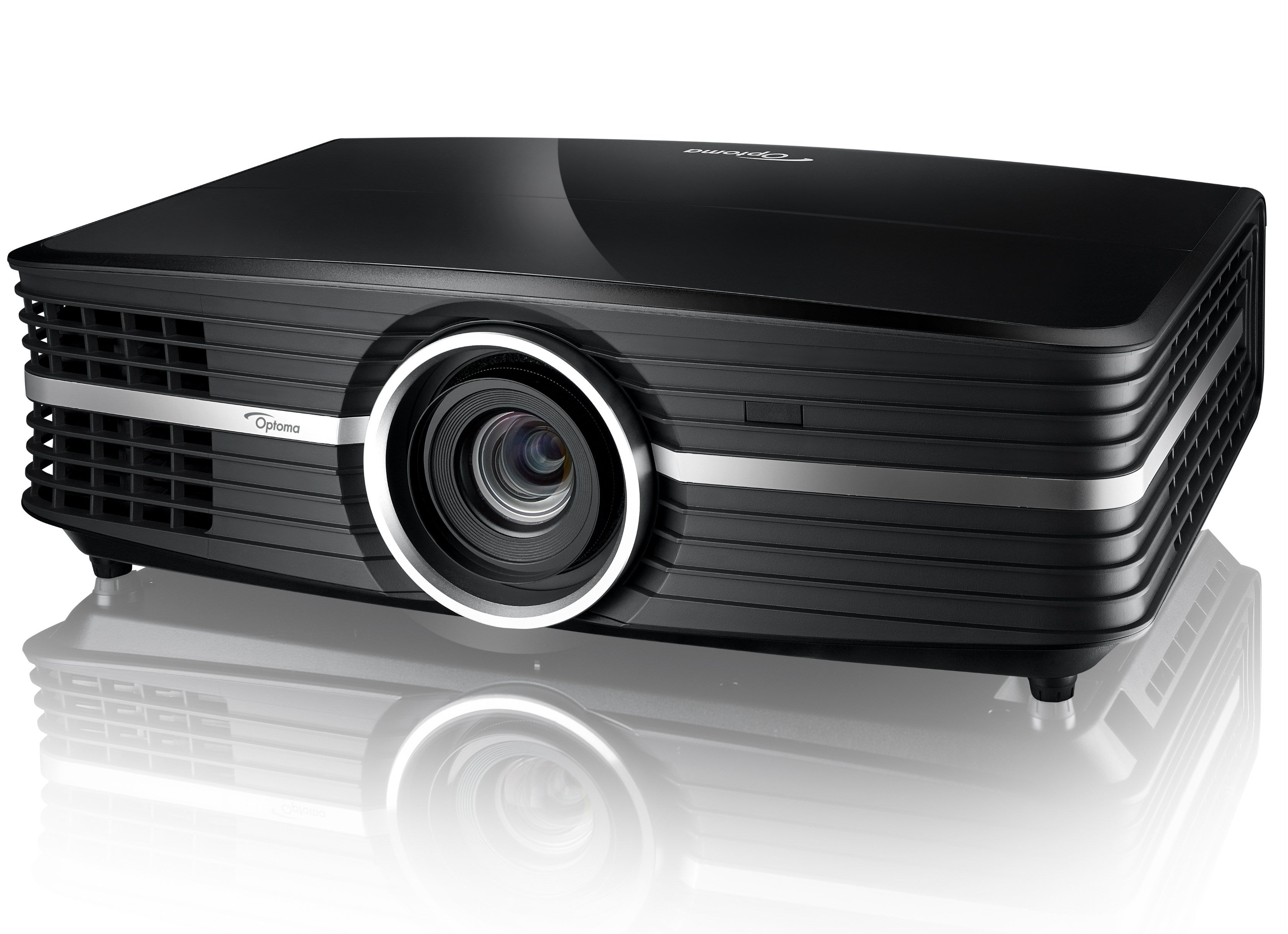 Optoma UHD65 4K projector on a reflective surface.
