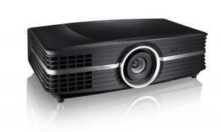 Optoma UHD65 4K projector on a reflective surface.