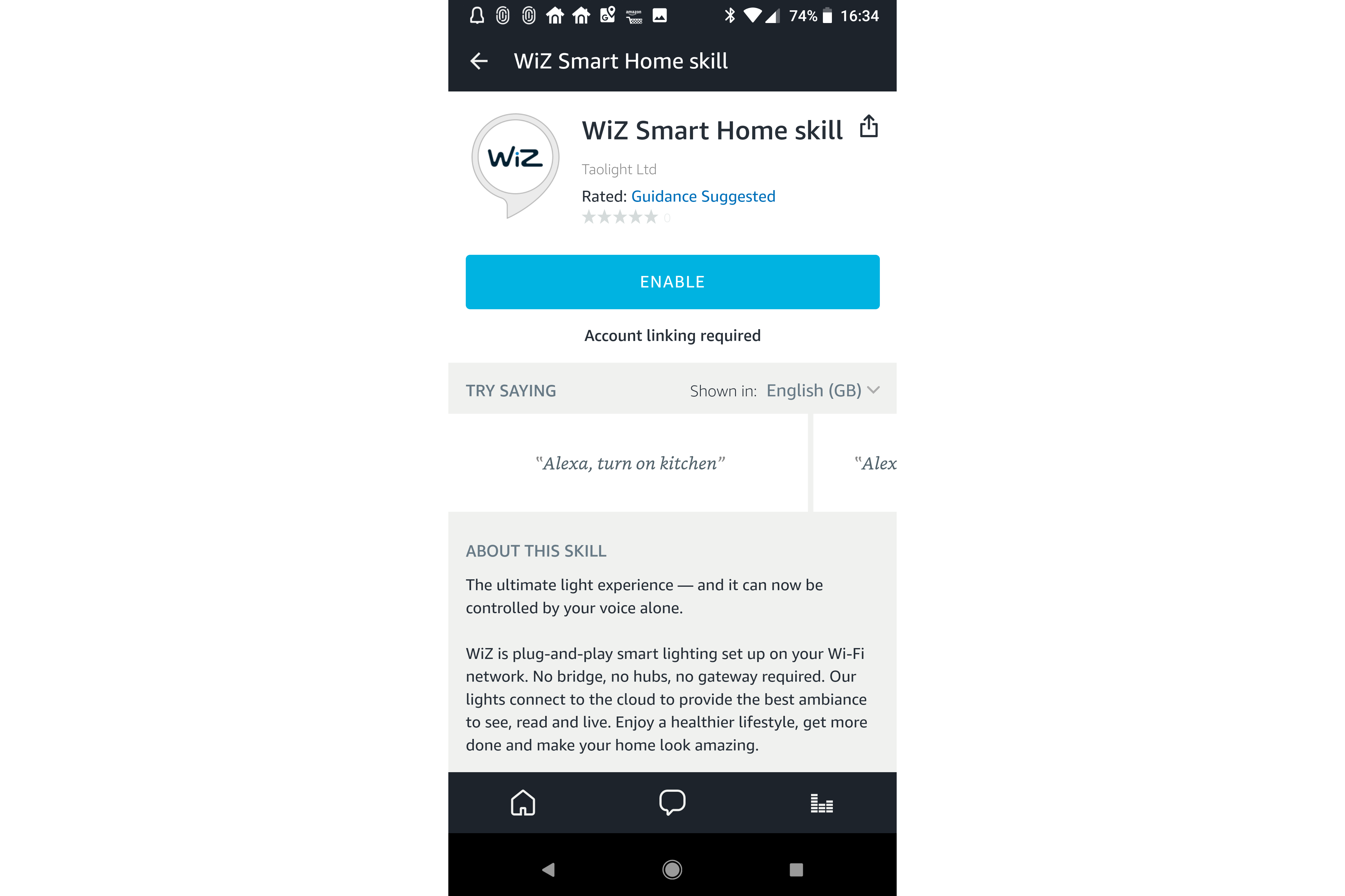 Screenshot of WiZ Smart Home skill interface on a smartphone.