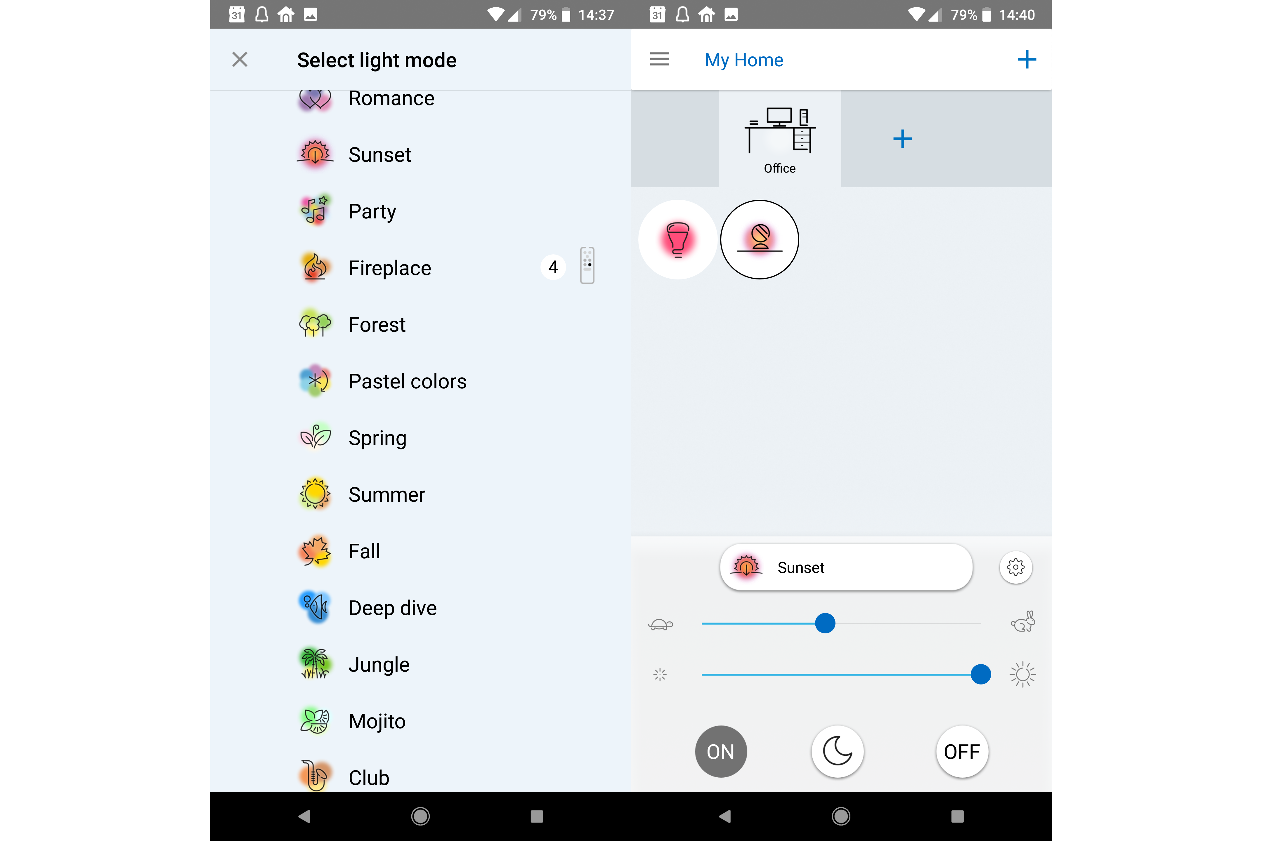 Screenshot of WiZ light control app with various lighting modes.
