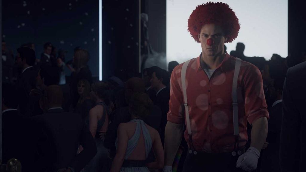 Character in clown costume from Hitman game at a crowded event.Bald character with sniper rifle overlooking a rural landscape.