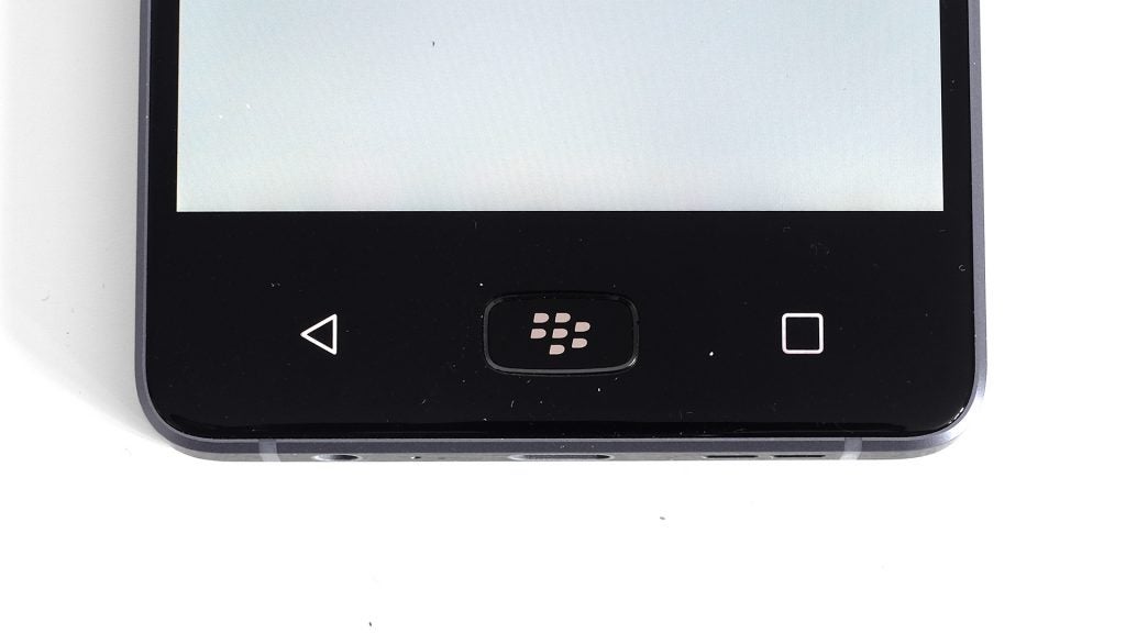 Close-up of BlackBerry Motion smartphone's navigation buttons.