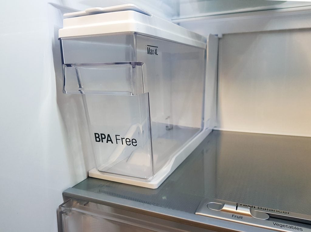 Interior view of LG fridge showing BPA-free compartment.