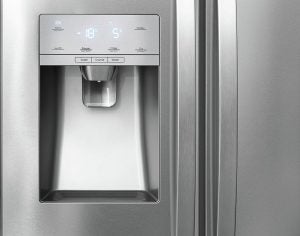 Close-up of Hisense fridge-freezer's water and ice dispenser.