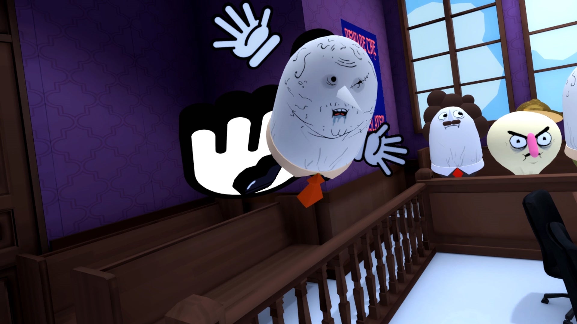 Animated characters in a courtroom from the game Accounting+.