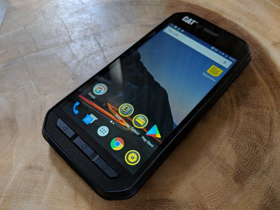 CAT S41 smartphone displayed on a leather surface.