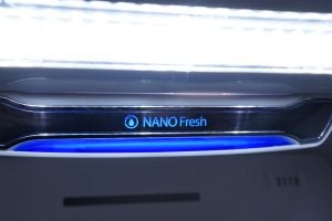 Close-up of Hisense fridge's NANO Fresh feature with blue light