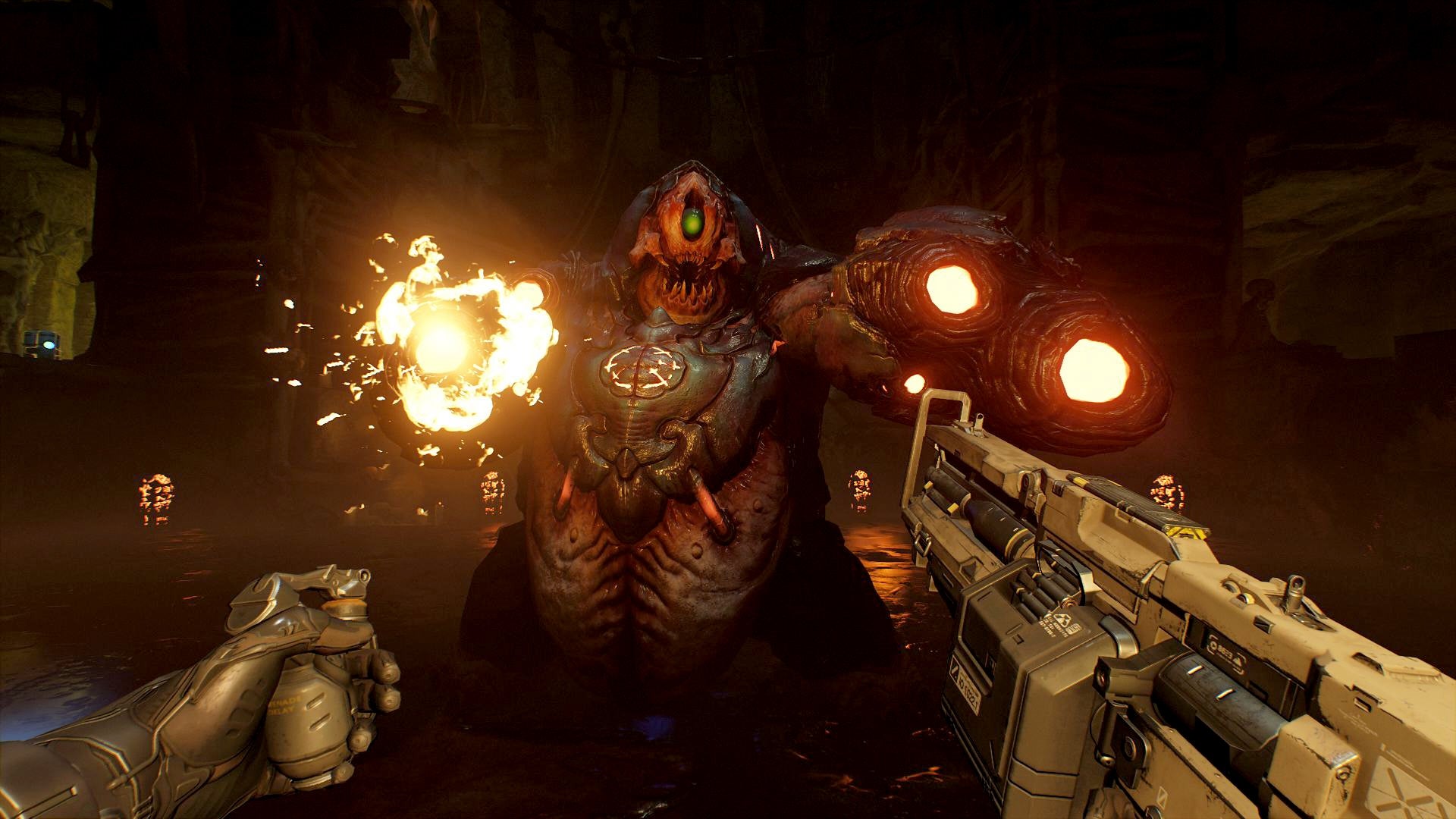 First-person view from Doom VFR game fighting a demon.