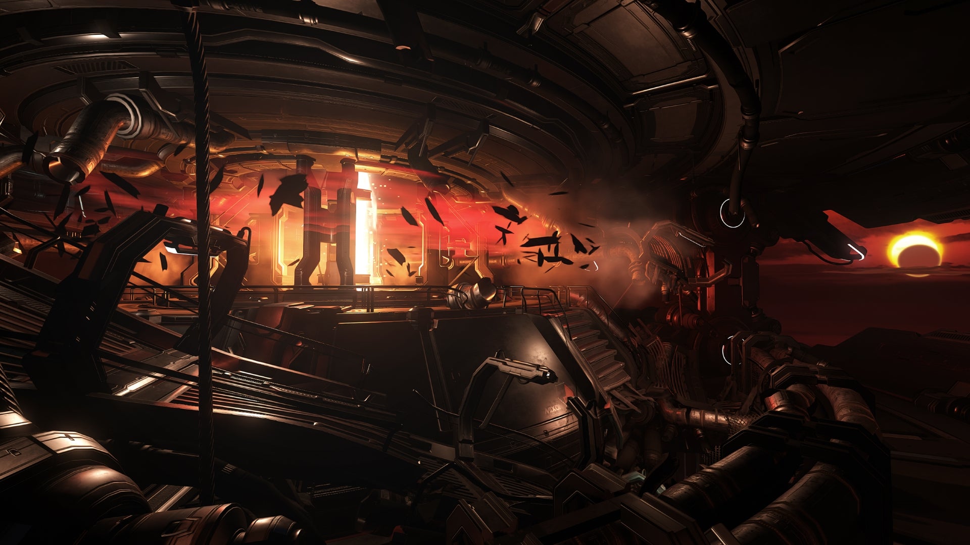 Screenshot of Doom VFR game showing a chaotic space station interior.