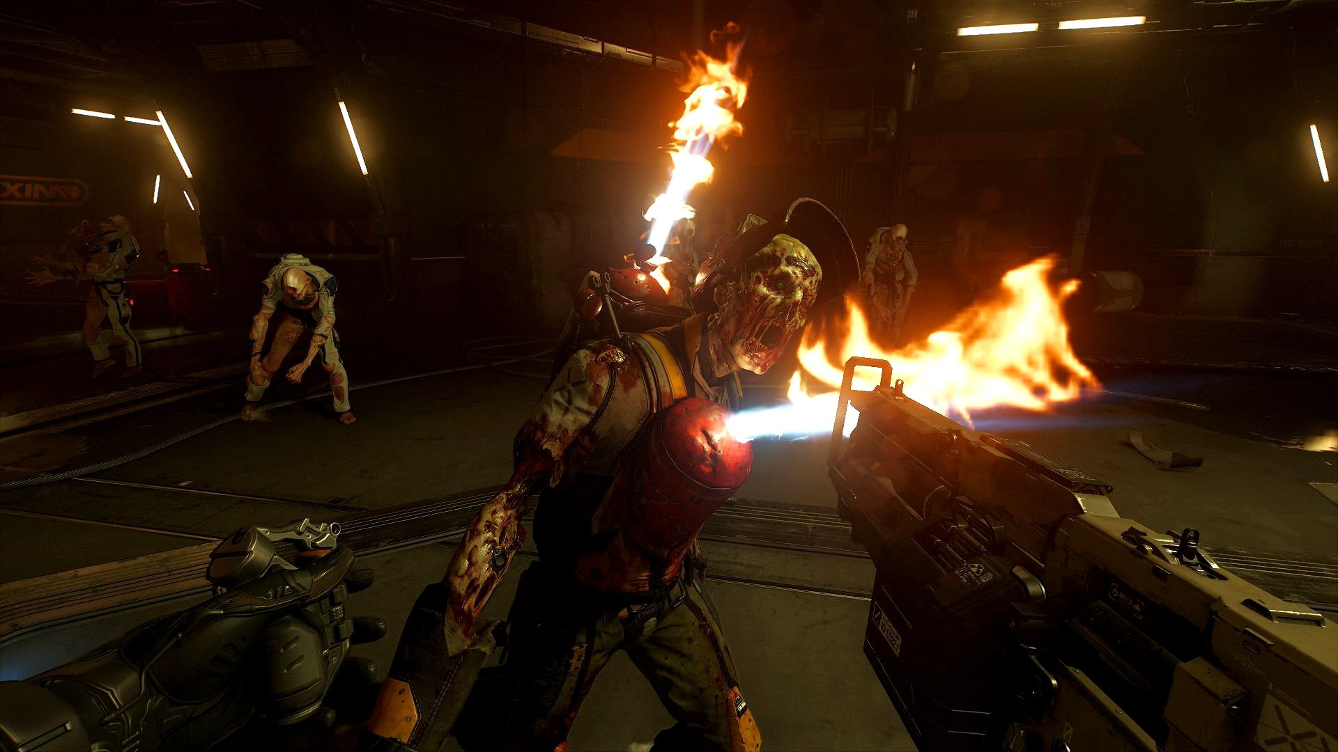 In-game action scene from Doom VFR with flaming demons.