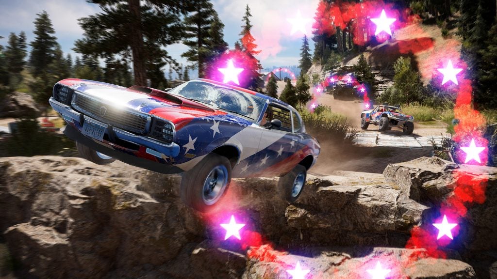 Car jumping over a rock in Far Cry 5 video game.