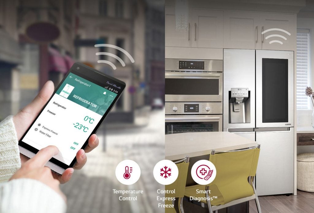 Smartphone app controlling LG fridge with smart features icons.