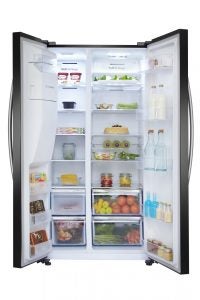 Open Hisense RS696N4II1 fridge-freezer filled with various foods.