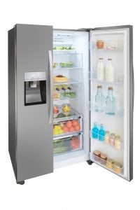 Hisense fridge-freezer open with food inside.