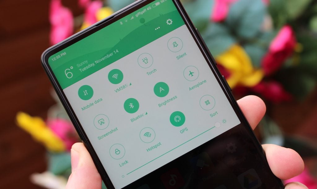Xiaomi Mi Mix 2 smartphone displaying quick settings menu.