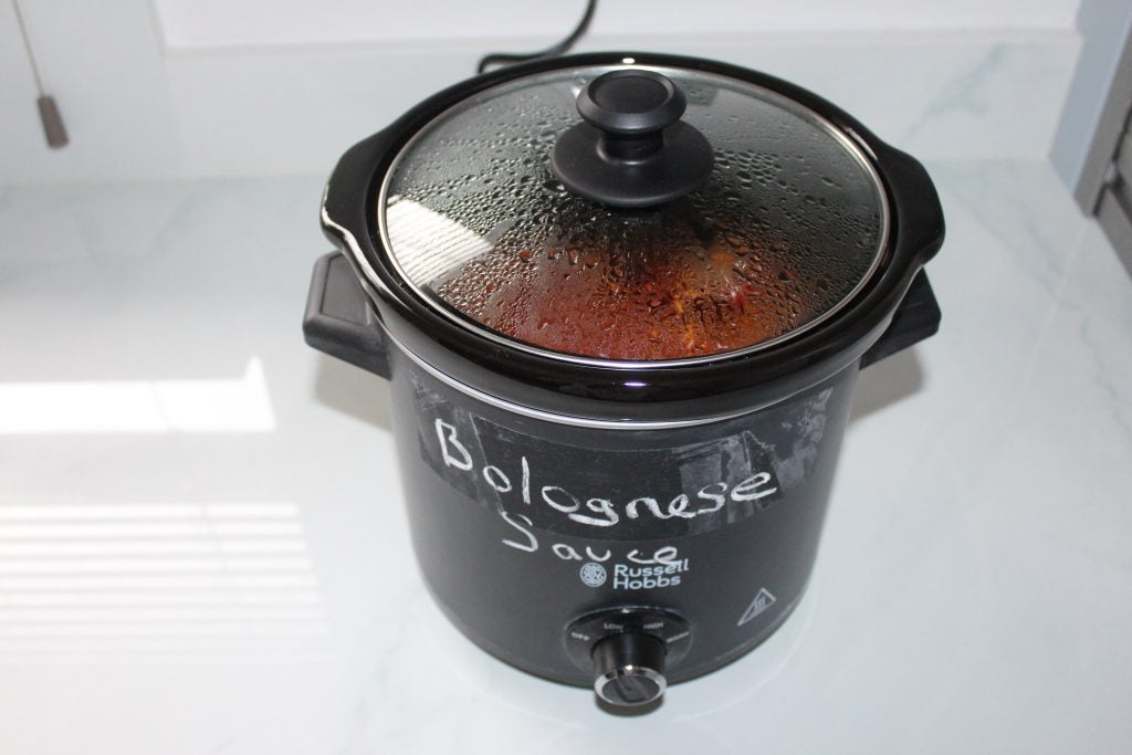 Russell Hobbs Chalk Board Slow Cooker with Bolognese sauce.