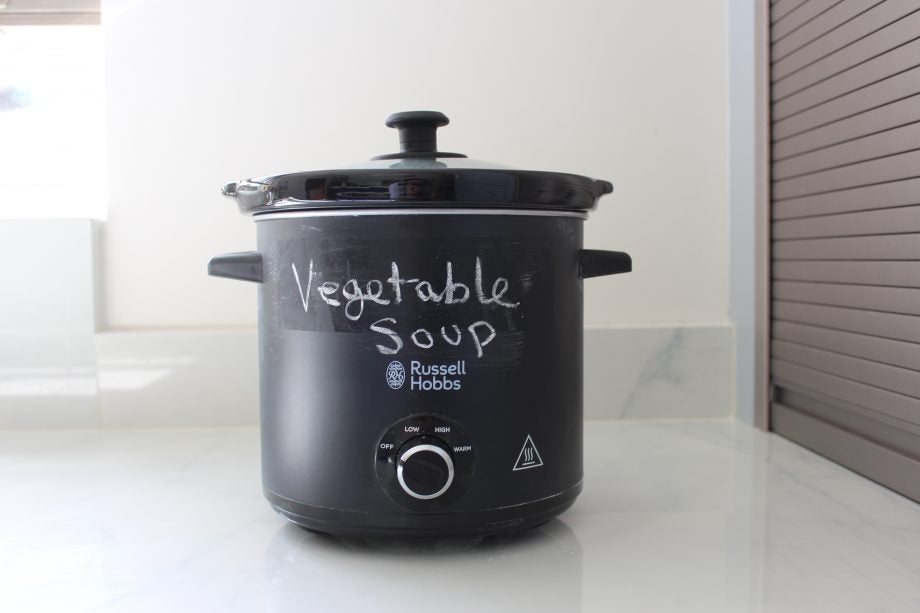 Russell Hobbs chalkboard slow cooker with "Vegetable Soup" written on.