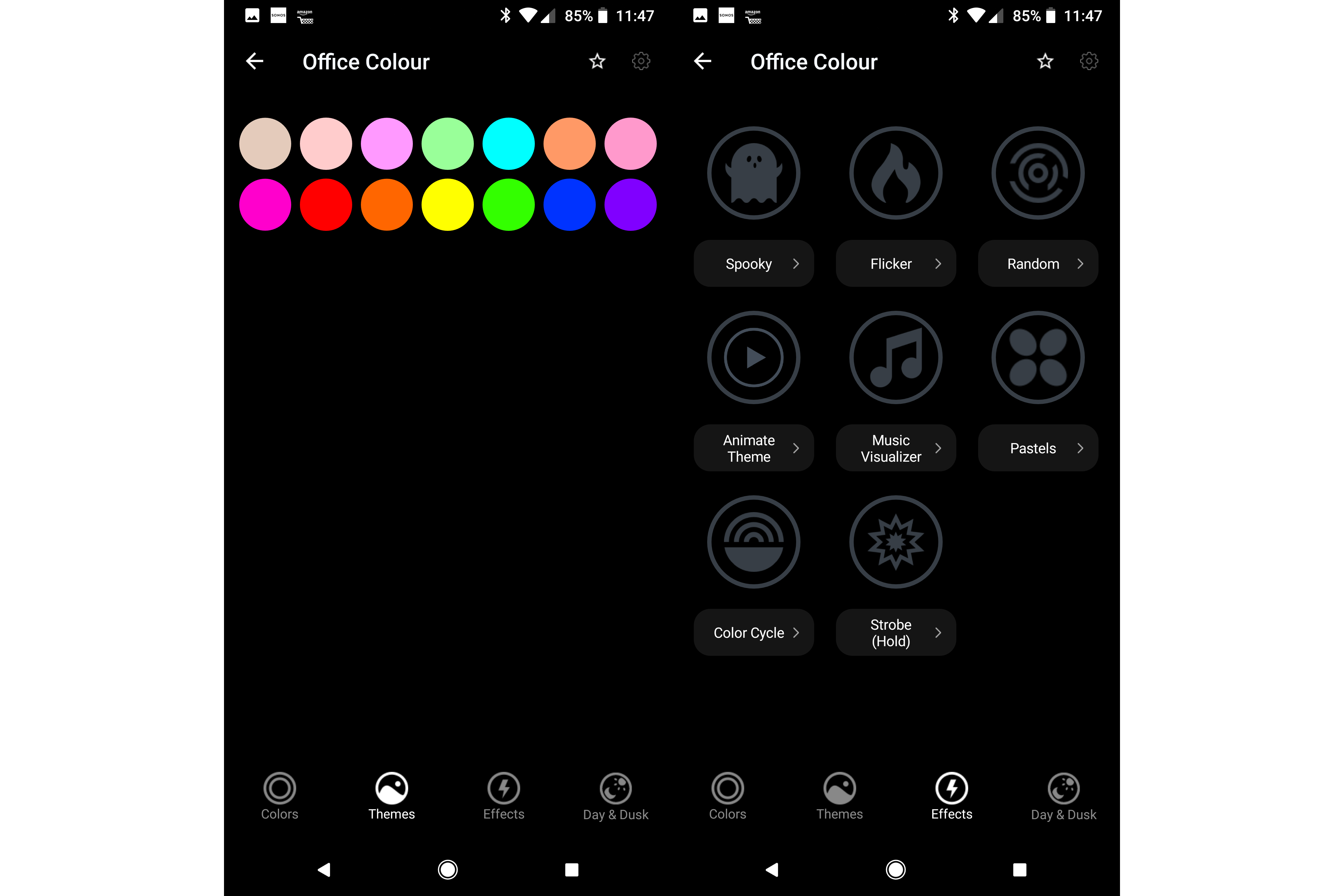 Smartphone app interface for controlling LIFX Mini Smart Bulb colors and effects.