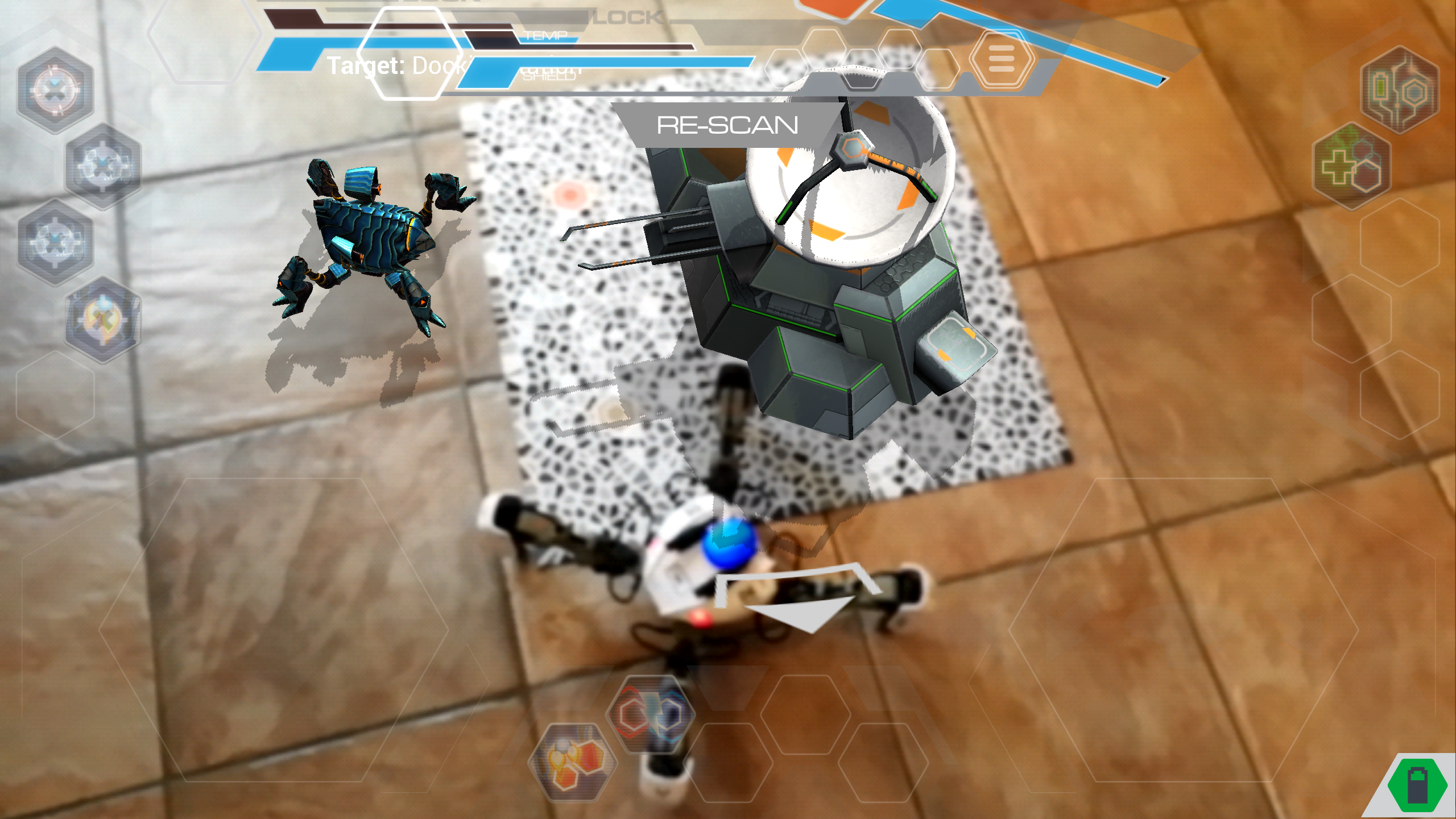 MekaMon robot in augmented reality battle scene.