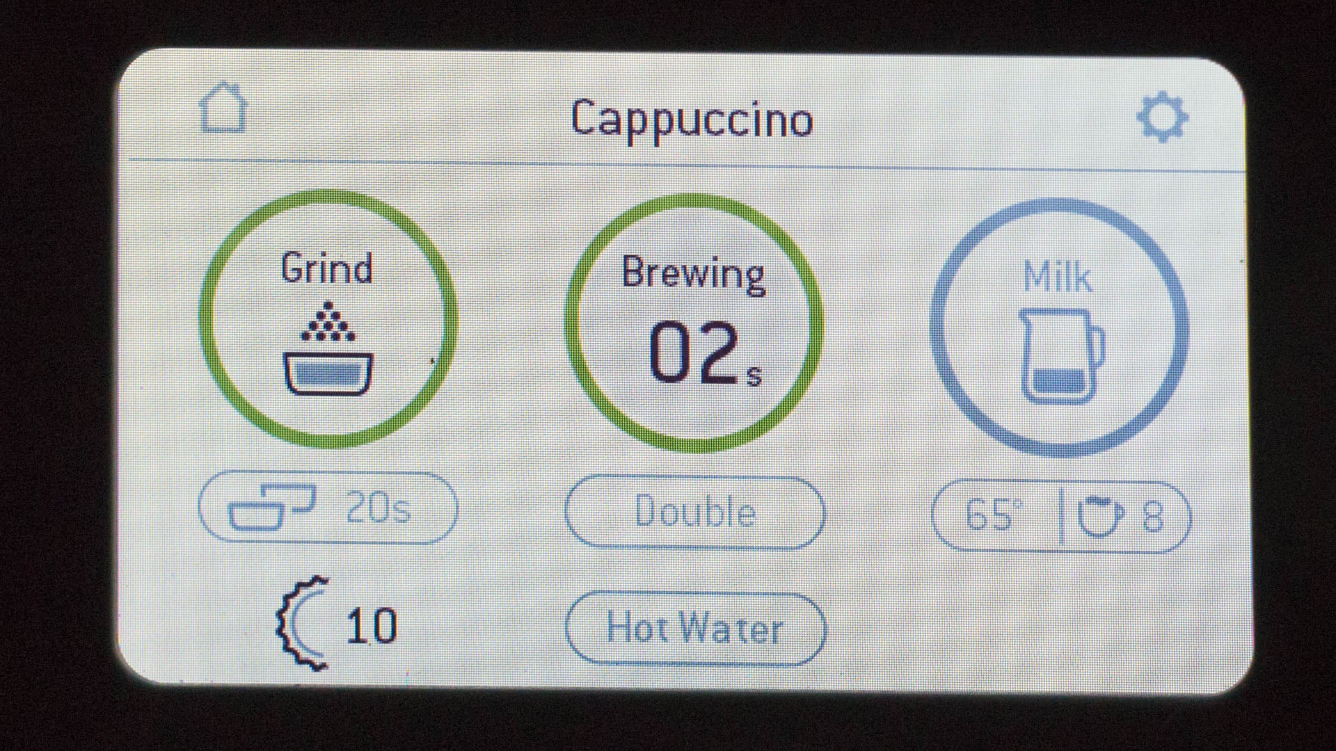 Sage Barista Touch screen displaying cappuccino settings.