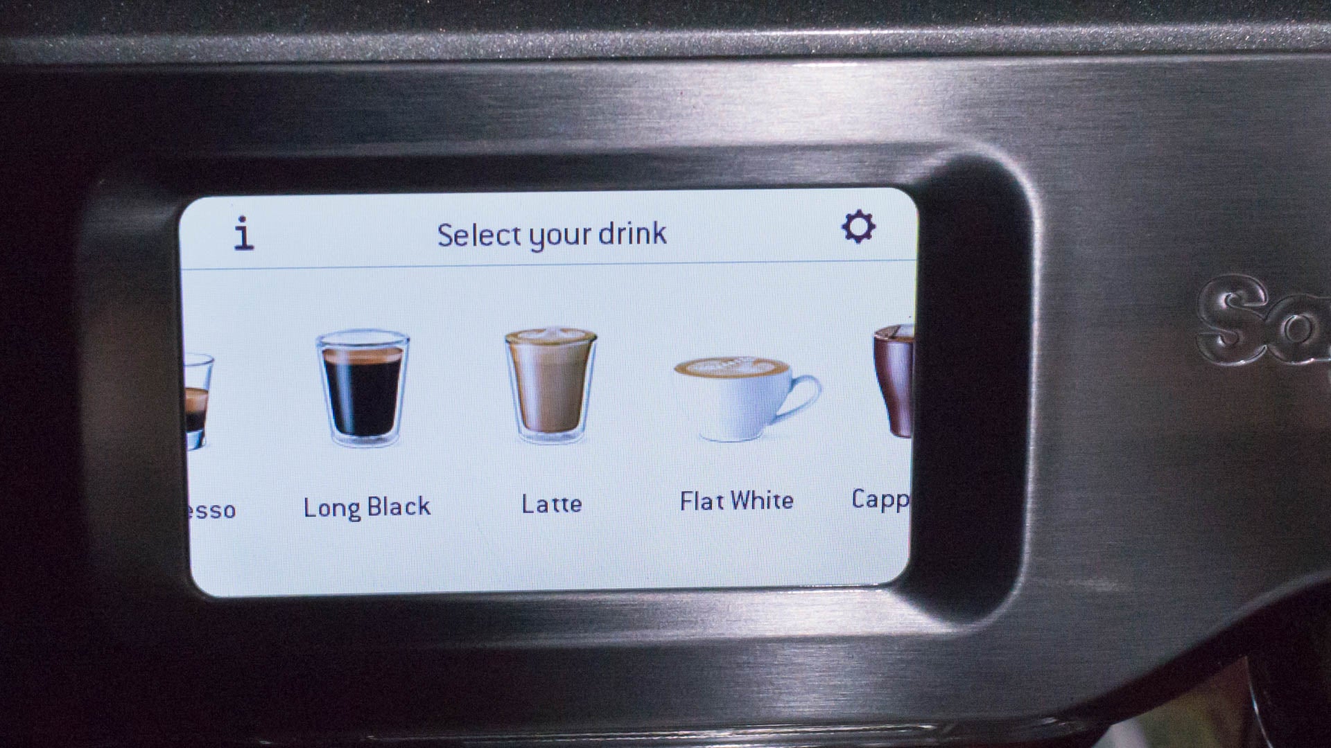Sage Barista Touch display showing coffee drink options.