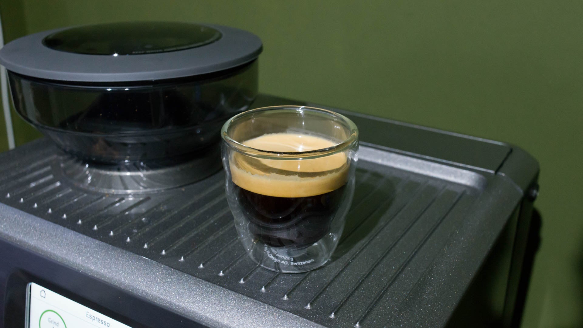 Espresso shot in glass on Sage Barista Touch espresso machine.