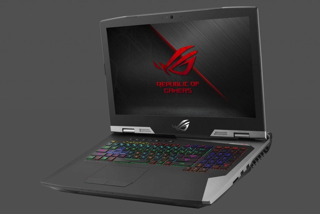 Asus ROG G703 gaming laptop with RGB keyboard.