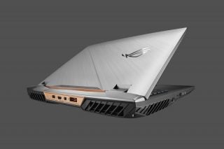 Asus ROG G703 gaming laptop rear view showing ports and logo.