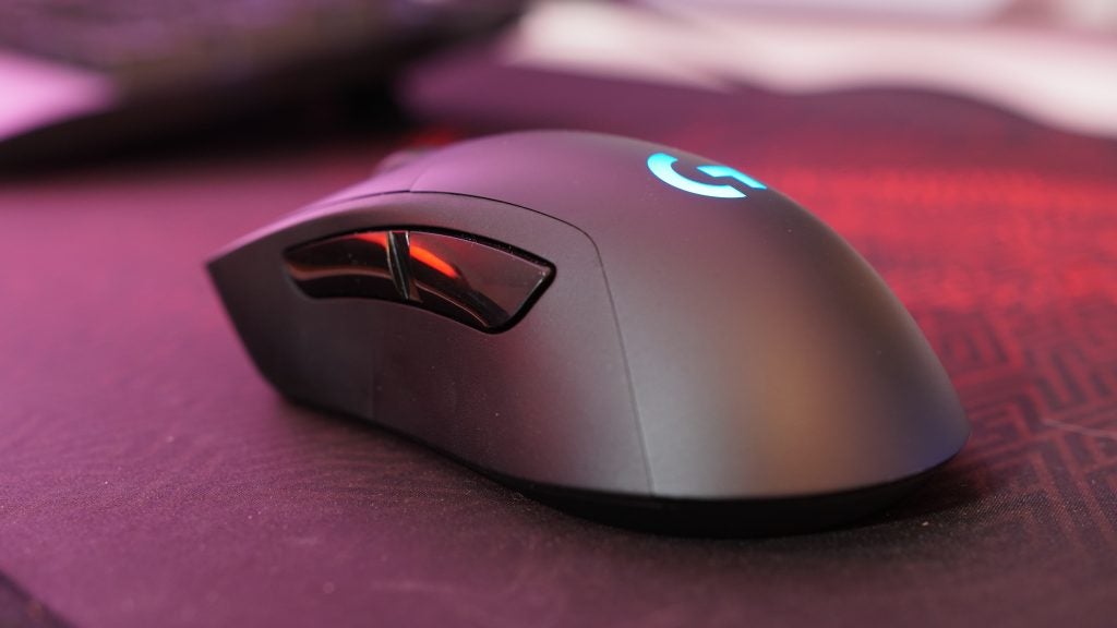 Close-up of Logitech G703 wireless gaming mouse.