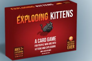Exploding Kittens card game box with logo and illustrations.