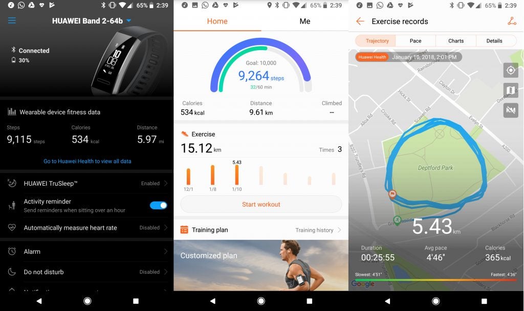 Screenshots of Huawei Band 2 Pro app showcasing features and stats.
