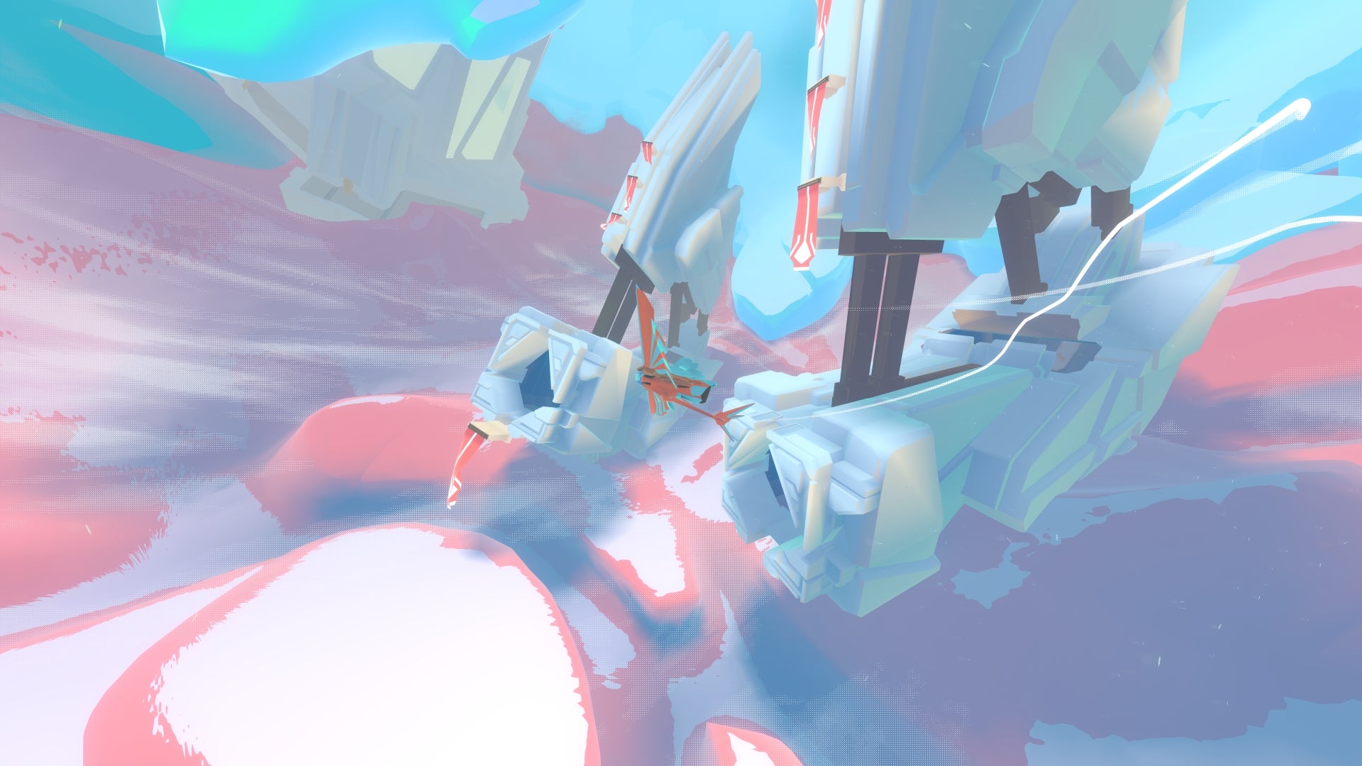 Screenshot of InnerSpace game with floating structures and vehicle.