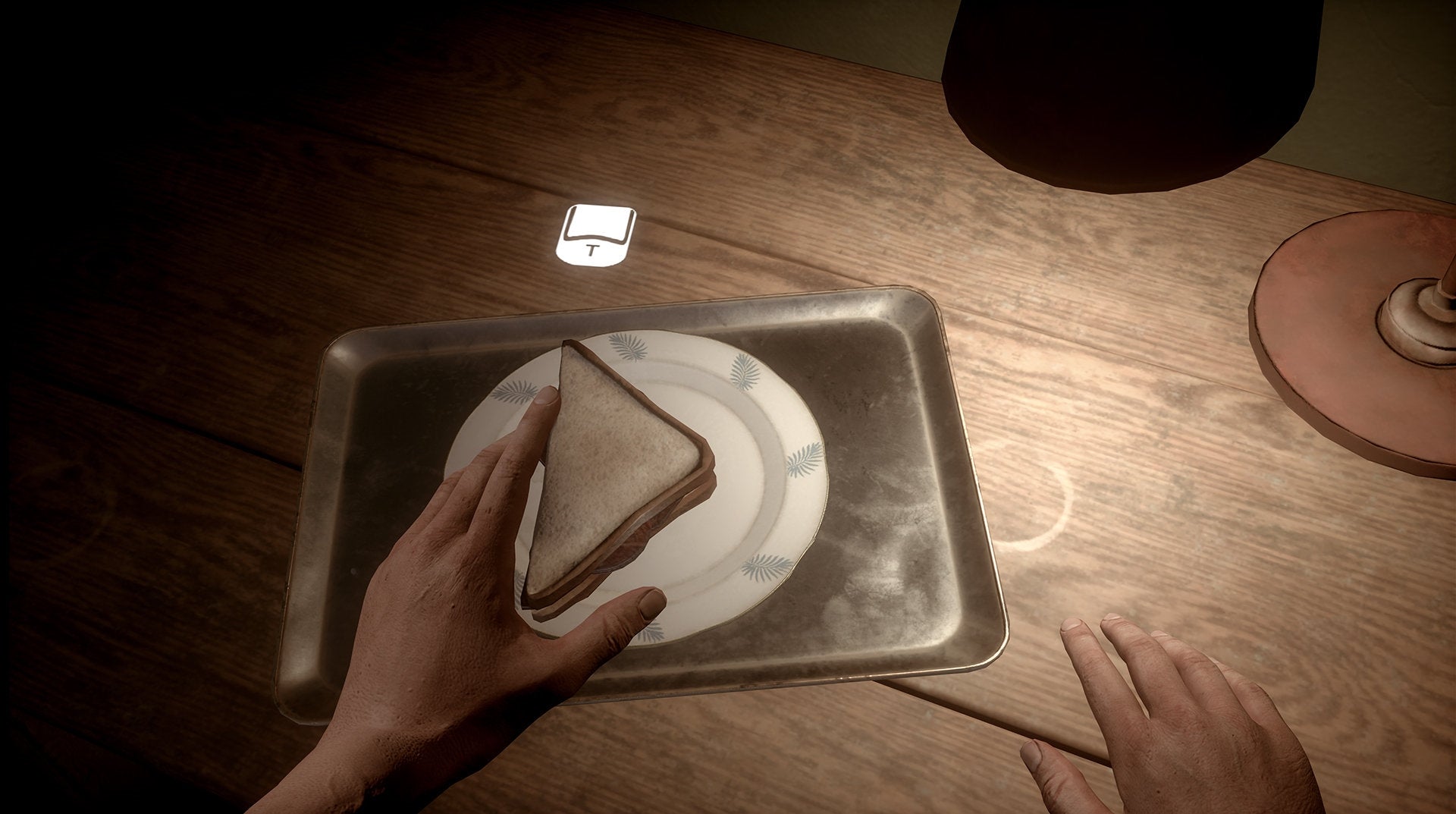 First-person view holding a sandwich over a plate in a game scene.