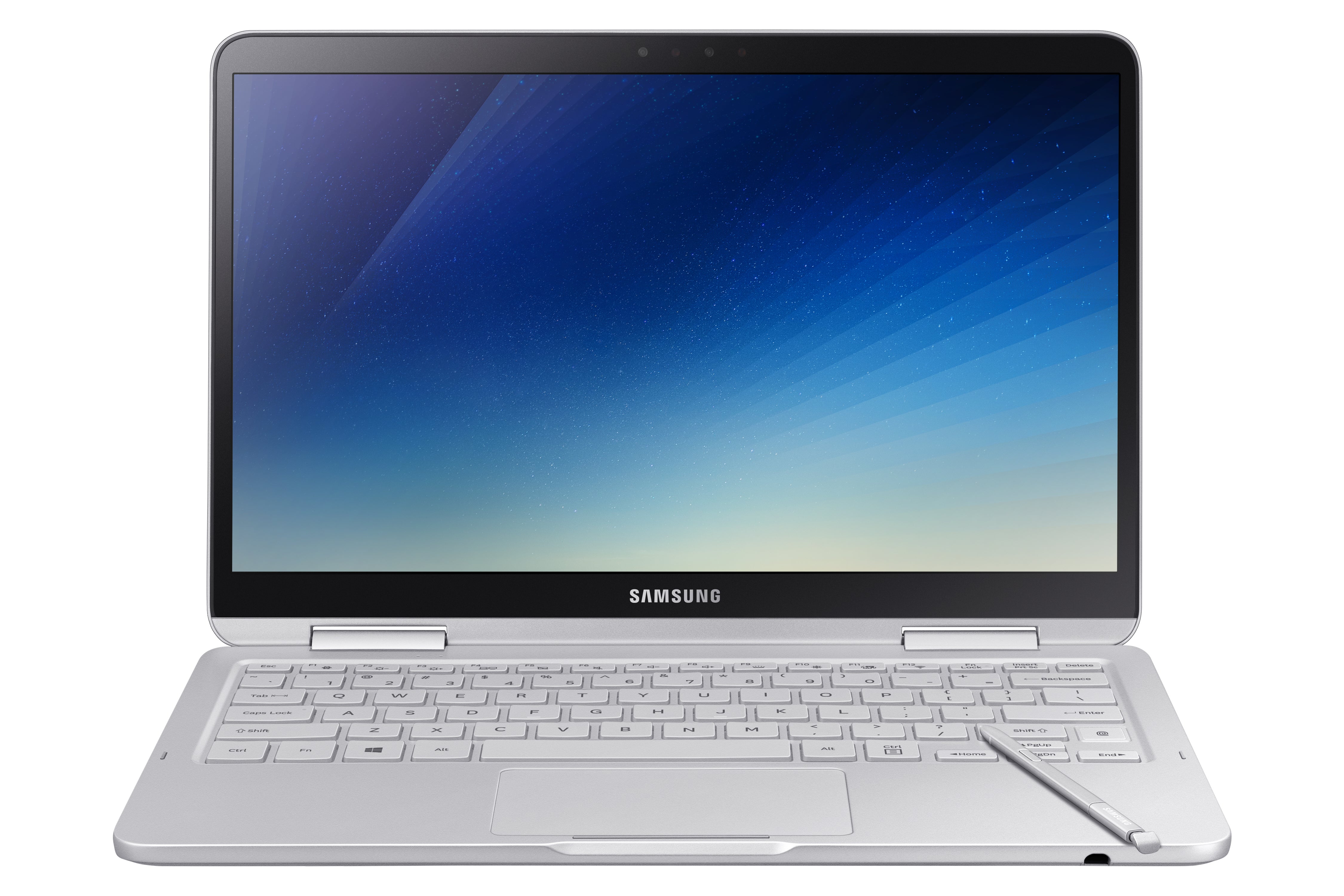 Samsung Notebook 9 Pen laptop with S Pen on keyboard.
