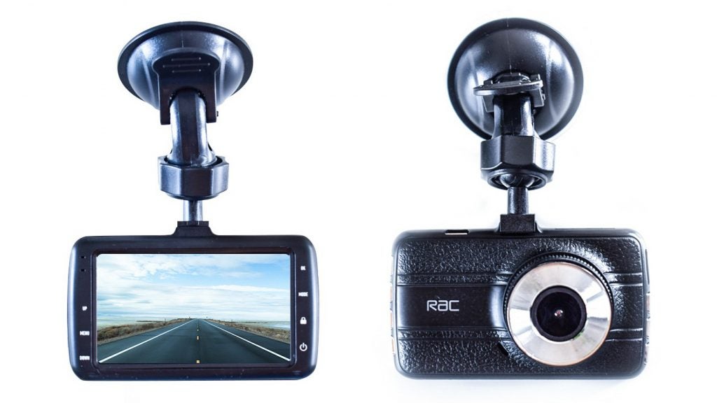 RAC 107 Dash Cam front and back views with suction mount.RAC 107 Dash Cam front and back views on white background.