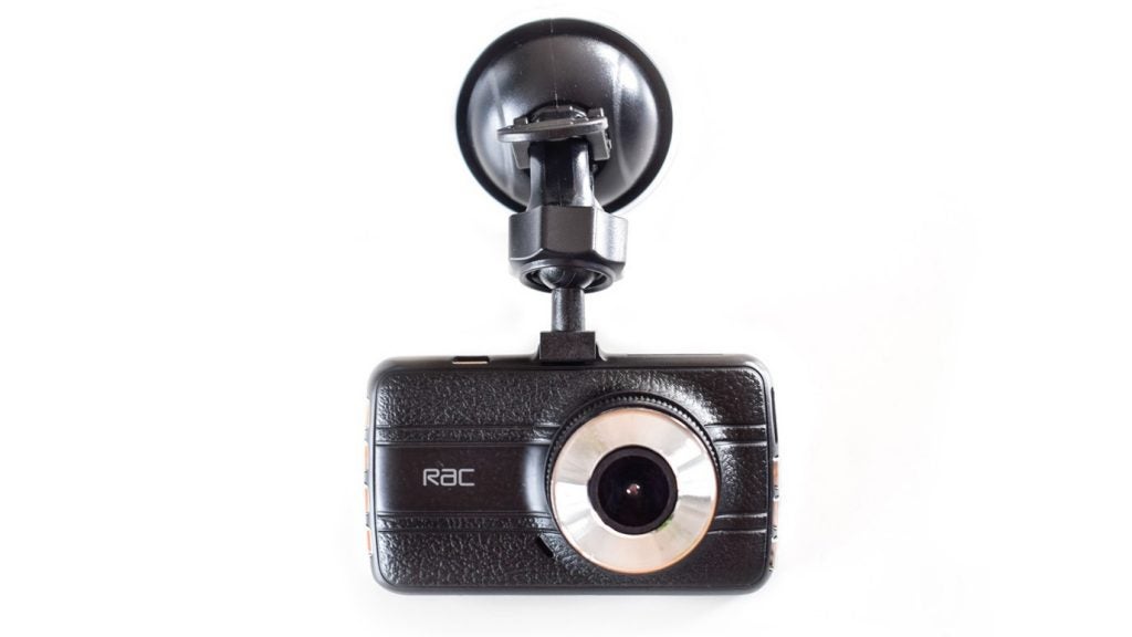 RAC 107 Dash Cam with suction mount on white background.