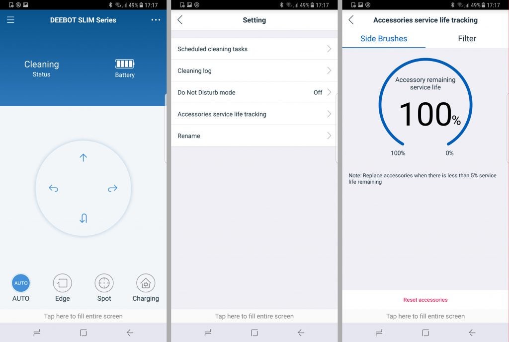 Screenshots of Ecovacs Deebot Slim2 app showing interface and service life.