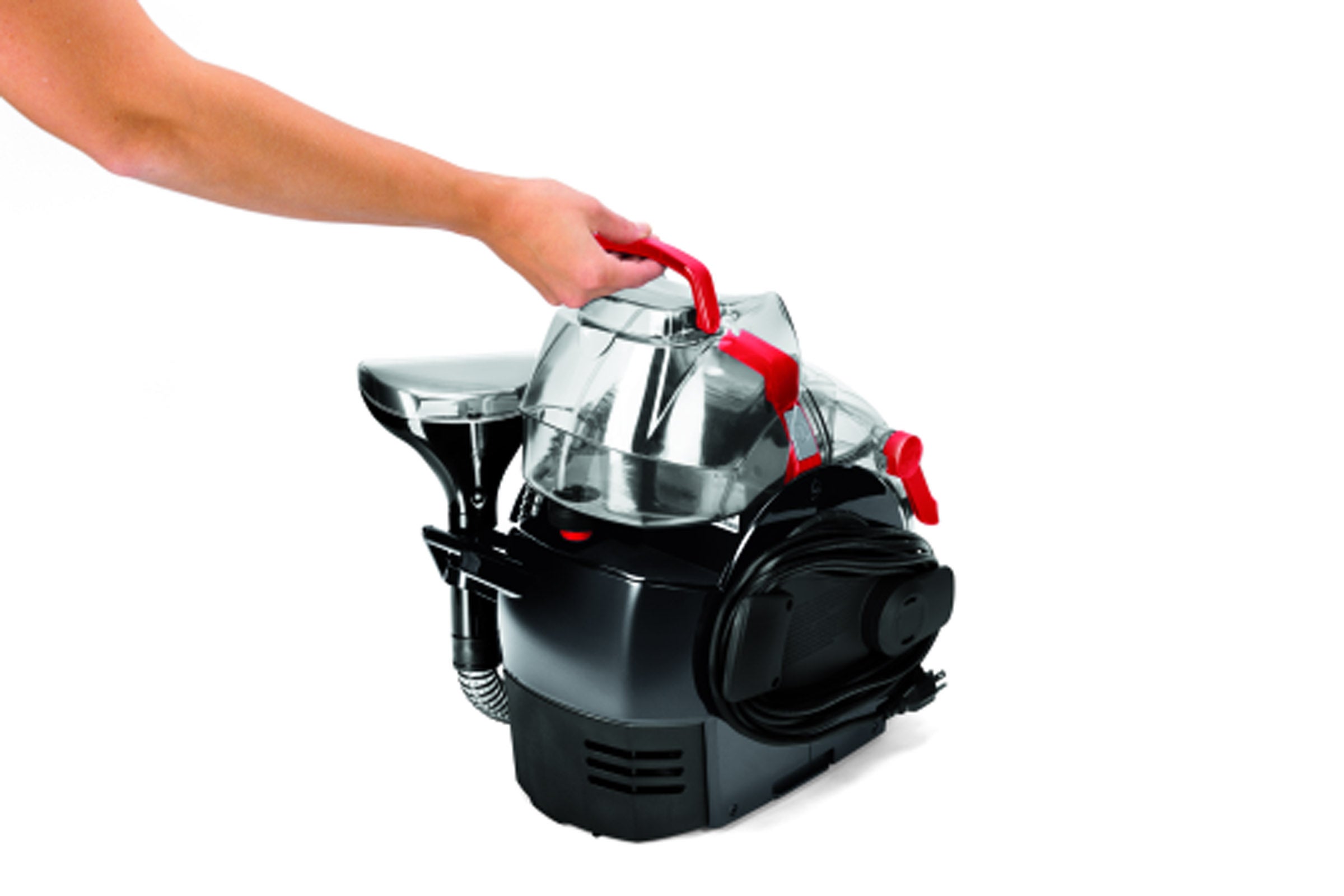 The Bissell SpotClean Pro, with tools and hose stowed