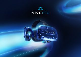 Vive Pro virtual reality headset with blue lighting effects.