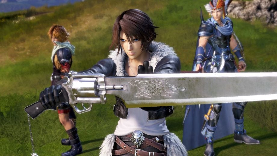 Characters from Dissidia Final Fantasy NT posing with weapons.