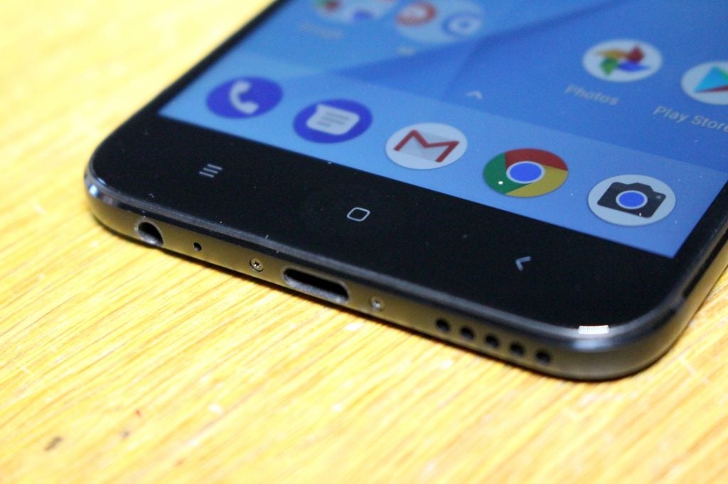 Close-up of Xiaomi Mi A1 smartphone showing screen and charging port