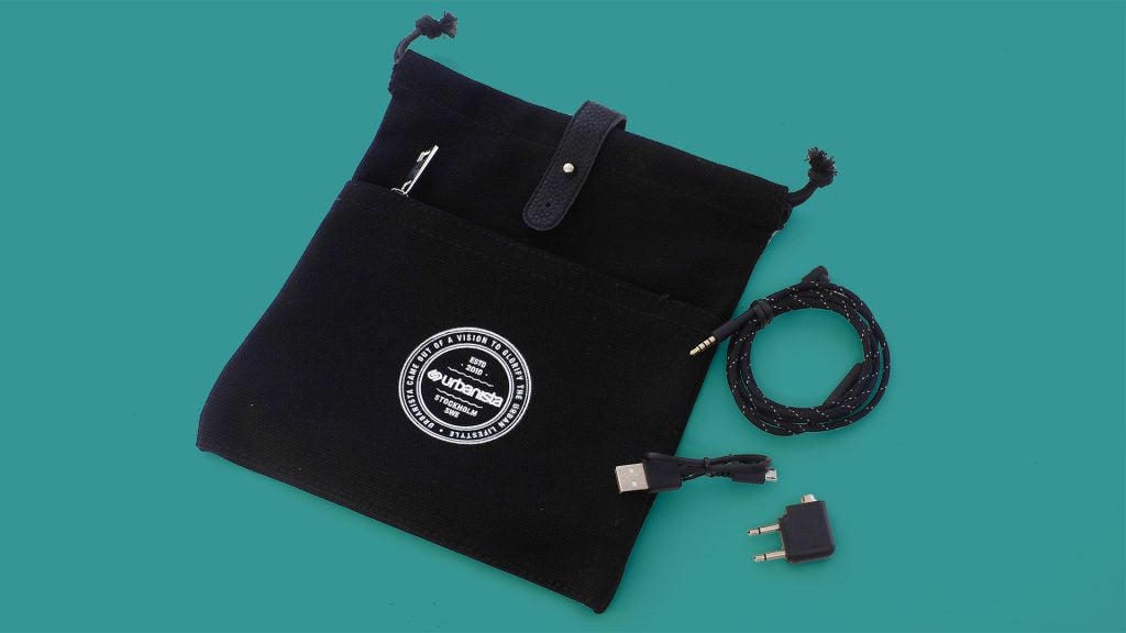 Urbanista branded pouch with audio cable and adapter.
